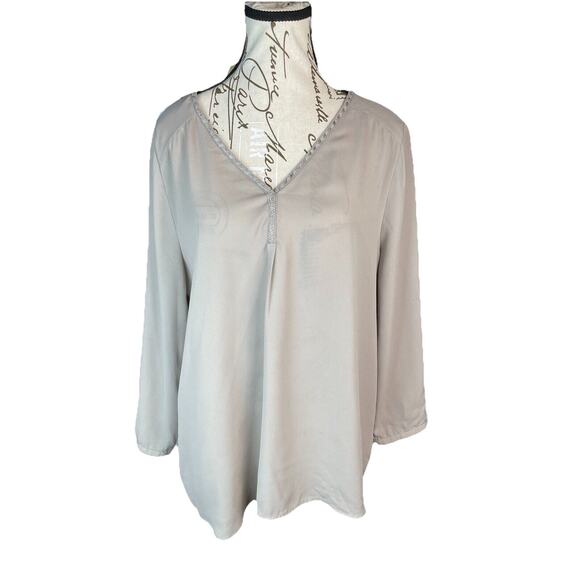 Daniel Rainn Tunic Tan Beaded Neckline Sheer Business Lagenlook Minimalist Sz L - Picture 1 of 7